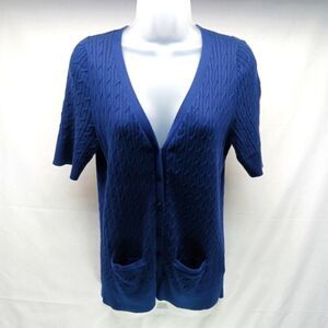 Talbots Prima Cotton Cable Knit Button Down Sweater Short Sleeve V-NECK Blue L..